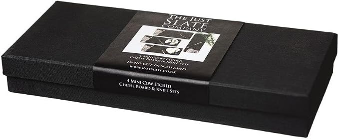 The Just Slate Company Handcrafted Mini Slate Cheese Board and Knife, Laser Etched Highland Cow Design, Set of 4