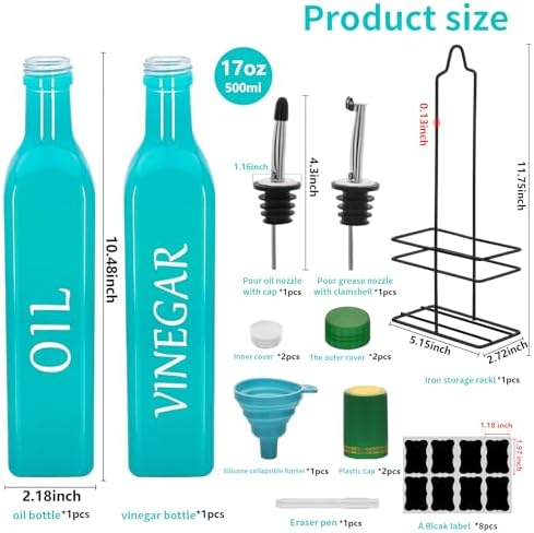 Farmhouse Oil and Vinegar Dispenser Set, 17 oz, beautiful olive oil dispenser, includes a black steel rack and a funnel, vintage cruets for vinegar and oil (Turquoise)