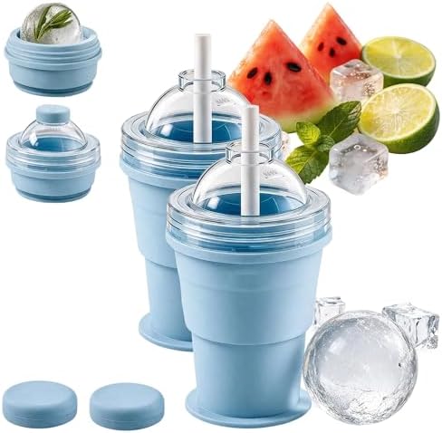Collapsible Ice Ball Maker Cup, 2-in-1 Silicone Folding Ice Cube Cup Tray Portable Leakproof Travel Tumbler with Lid & Straw, Reusable Sphere Mold for Whiskey, Bourbon, Coffee, Summer Drinks