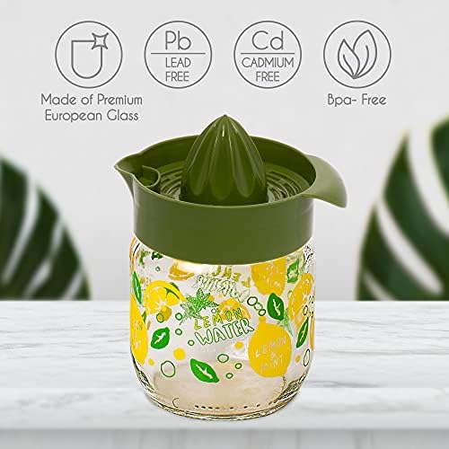 Crystalia Manuel Citrus Juicer with Glass Storage Jar, All Fruit Squeezer for Lemon Orange Lime Grapefruit Juice, Handheld Juice Press Extractor with Handle, Pour Spout and Glass Storage (Green)