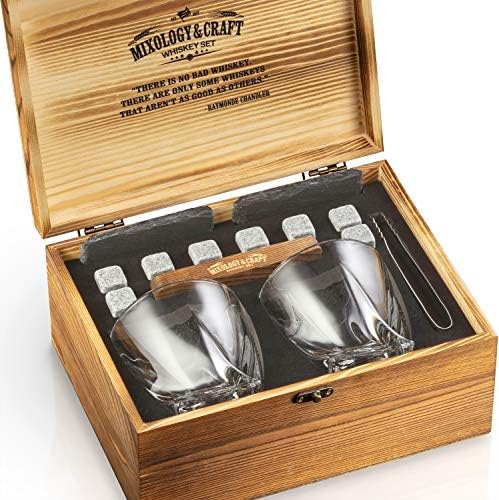 Mixology Whiskey Stones Gift Set for Men - Pack of 2, 10 oz Whiskey Glasses w/ 8 Granite Chilling Rocks, 2 Coasters, Metal Tong & Cocktail Cards in Wooden Box - Twist