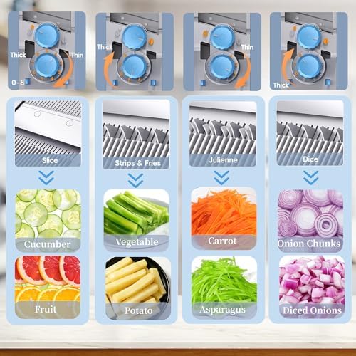 Upgraded Safe Mandoline Slicer for Kitchen, Potato Slicer for Chips, Multi Vegetable Chopper with Drain Basket Storage Container, Thickness Adjustable Versatile Faster Slice Artifact (Blue)