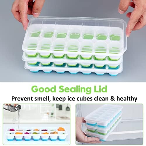Silicone Ice Cube Tray, 8 Pack Easy-Release & Flexible 14-Ice Cube Trays with Spill-Resistant Removable Lid, Stackable Ice Trays with Covers for Freezer, Cocktail (4 Blue + 4 Green)