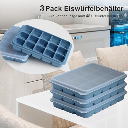 Silicone Ice Cube Trays with Removable Lid, Blue, Set of 3