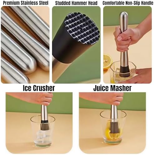3-Piece Bar Set: Muddler for Cocktails, 8” Cocktail Muddler & Bar Accessories Kit with 10” Mixing Spoon and Jigger | Stainless Steel Bartender Tools for Mojitos Fruit Drinks