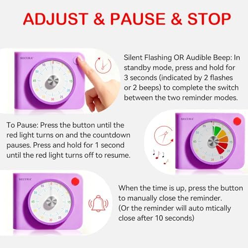 Secura 60 Minute Visual Timer for Kids, Countdown Timer for Time Management