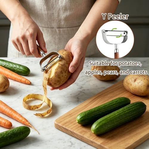 Multifunctional Vegetable Peeler for Kitchen, with Straight & Y Peeler & Shrimp Deveiner, Stainless Steel Blade with Wooden Handle, for Vegetable Fruit Carrots Potato Cucumbers