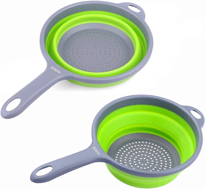 ZOER Kitchen Foldable Pasta Strainers,Collapsible Colanders with Handles,Space-Saver Folding Silicone Strainers Colander,Capacity of 2 quart (Green and Green)