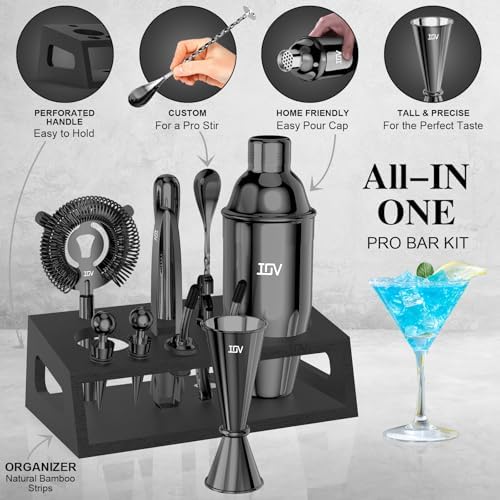 IOV Mixology Bartender Kit With Stand | 12-Piece Cocktail Shaker Set | 24oz Martini Shaker Set For Drink Mixing | Bar Set Includes All Bar Tools And Recipe Booklet | Fun Housewarming Gift (Black)