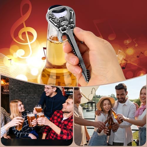 Skull Guitar Bottle Opener, Beer Opener with Gift Bag, Portable Bottle Opener, Father Birthday Gifts, Christmas Gifts for Men, Women, Boyfriend, Dad, Guitar Lovers, Silver