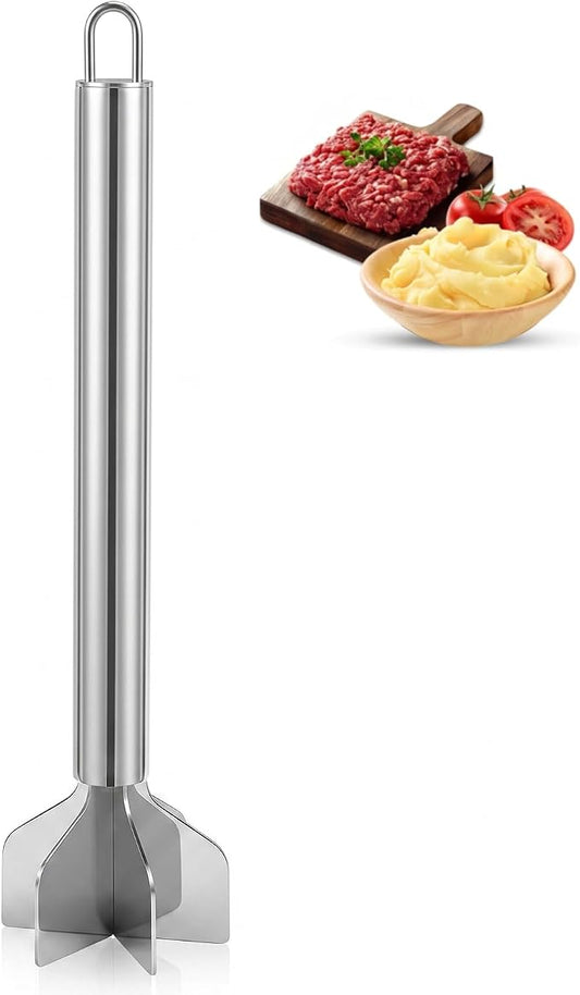 Stainless Steel Meat Masher, 6-Blade Ground Beef Chopper Tool with Hanging Loop for Hamburger, Potato,Vegetable Puree