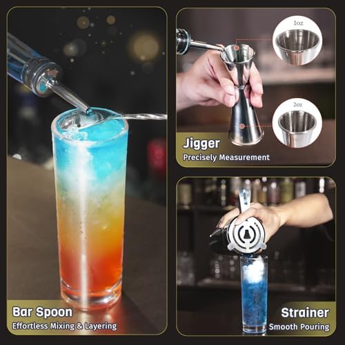 Boston Cocktail Shaker, 8-Piece Professional Shaker Set, Stainless Steel Bar Tools Set with Boston Shaker, Bar Spoon, Jigger, Hawthorne Strainer, Dishwasher Safe, Ideal Bartender Kit for Bar