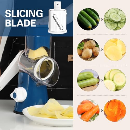 Cambom Rotary Cheese Grater Hand Crank Cheese Shredder for Fresh Cheese, Vegetable, Nuts,Non-slip Suction Base，Three Blades,Dark Blue