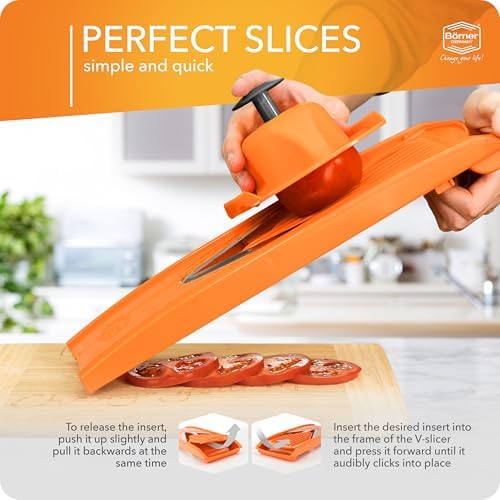 Mandoline Food Slicer Börner V1 (Profi Set) by Reston Lloyd • V-Slicer with 4 Inserts, Docking Station & Food Holder • Made in Germany • Fruit & Vegetable Chopper • Multiple Settings • Color: Orange