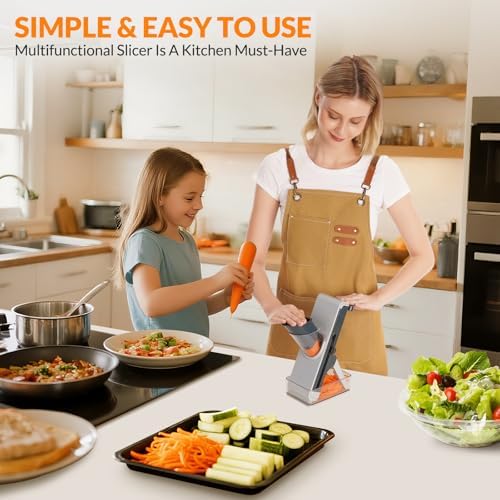 FEICO Safe Mandoline Slicer for Kitchen, Vegetable Slicer with Container, French Fry Cutter, All in 1 Julienne Slicer for Potato, Thickness Adjustable, Detachable Blade, Dishwasher Safe,blue