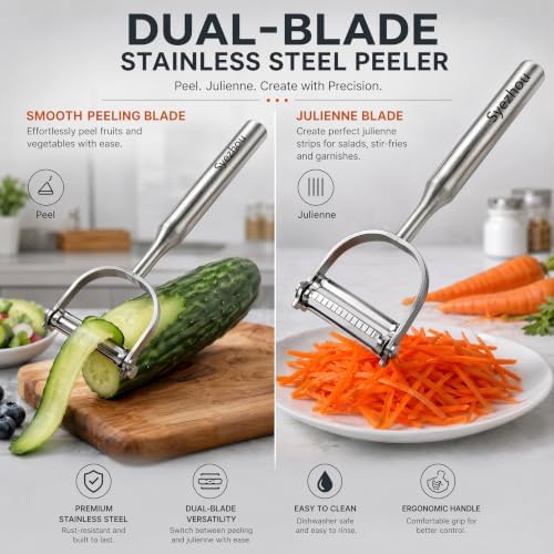 2-in-1 Julienne Vegetable Peeler, Stainless Steel Peeler & Shredder