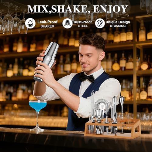 IOV Mixology Bartender Kit Bar Set with Stand | 17-Piece Cocktail Shaker Set | 28oz Boston Shaker Drink Mixer Set with All Essential Accessory Tools | Fun Housewarming Gift