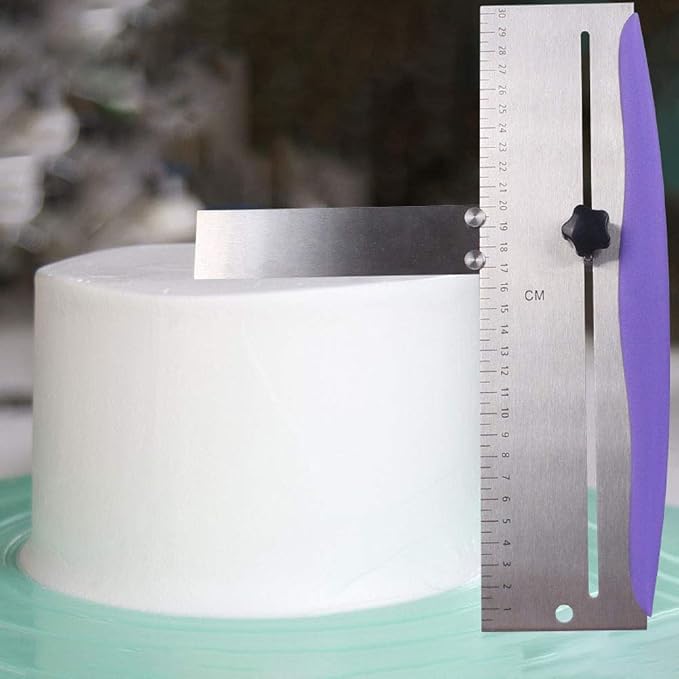 Adjustable Cake Scraper, Leveler and Smoother, Stainless Steel Icing Spatula with Clear Scale for Baking, Frosting, Mousse and Cake Decorating