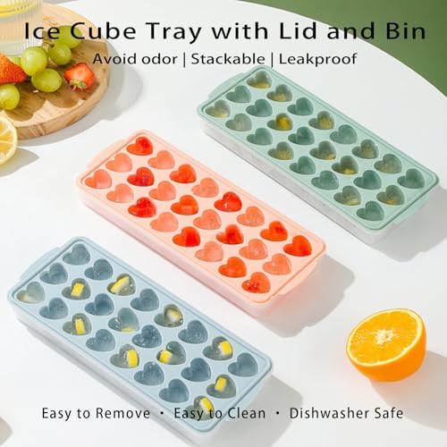 2 Pack Heart-Shaped Ice Cube Trays with lid and bin - 48 Holes Silicone Mini Heart Ice Cube Tray, BPA Free and Dishwasher Safe, Fun Shape Ice Cube Mold, Easy to Remove