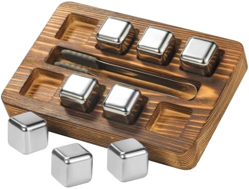 SAMEBUTECO Whiskey Stones with Holder Set,8-Piece Stainless Steel Reusabl Rocks 1 Tray & 1Tongs – Non-Diluting Chiller for Scotch & Bourbon,Gift for Whiskey Lover