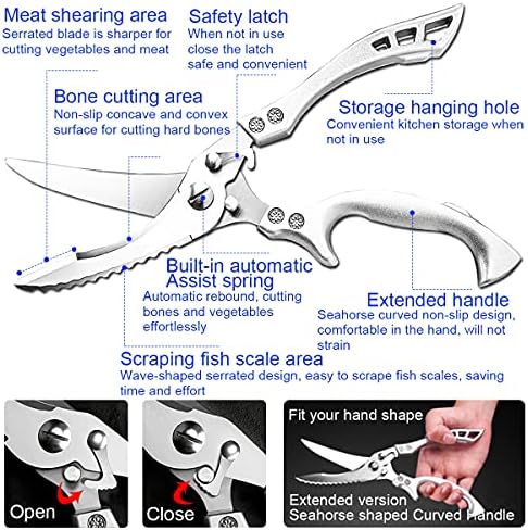 ANDONG Upgrade Heavy Duty Stainless Steel Kitchen Scissors - Professional Poultry Shears for Bone, Meat, Chicken, Fish, Turkey, Vegetables,Spring Loaded Multipurpose Ultra Sharp Utility Scissors