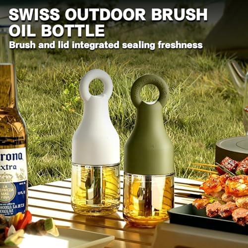 MMJ 2 in 1 Oil Brush Bottle with Silicone Basting Brush, Oil Dispenser for Kitchen, Leak Proof Glass Kitchen Accessories for Cooking, BBQ, Grilling, Vinegar, Sauce, Olive(White+Green)