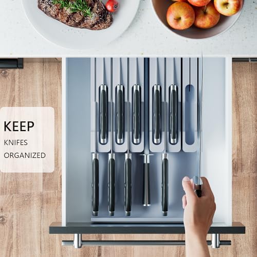Domax Knife Drawer Organizer Insert Bamboo for 12 Knives, Gray