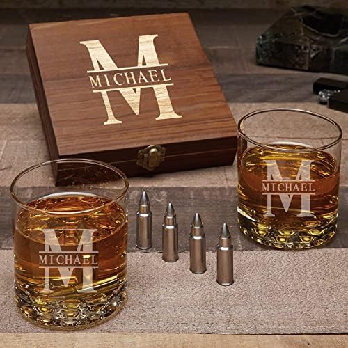 Bullet Whiskey Chilling Stones Gift Set - Whiskey Glasses and Wooden Box (Oakmont - Bullet Stones)
