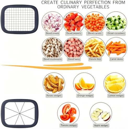 Multifunctional Vegetable Chopper Bowl, Potato French Fry Cutter with 2 Interchangeable Blades & Container, Food Chopper for Cucumber, Tomato, Carrot & Onion