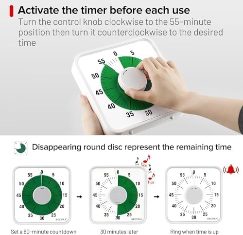 Secura 60-Minute Visual Countdown Timer, 7.5-Inch Oversize Classroom Visual Timer for Kids and Adults, Durable Mechanical Kitchen Timer Clock with Magnetic Backing (White-Green)