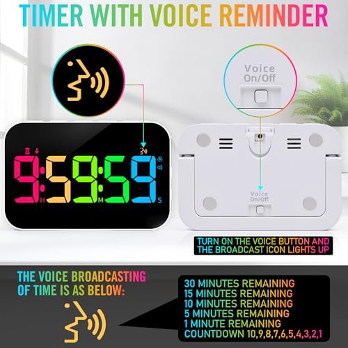 TXL Kitchen Timer for Cooking, Rechargeable Digital Magnetic Timer with Large LED Display, Loud Alarm, Sound Countdown, 4 Volume Levels and 3 Brightness for Classroom, Study (RGB)