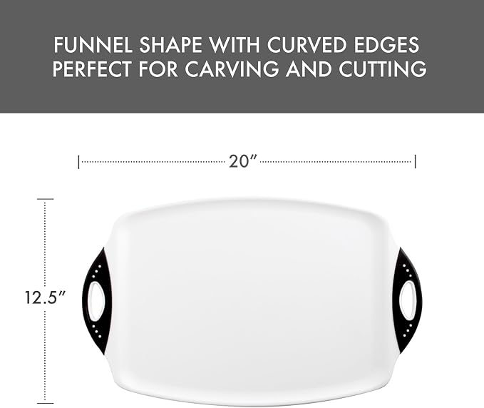 Dexas Chop & Serve Cutting Board, 12.5 x 20 Inch, Large Kitchen Prep and Serving Board with Handles, BPA-Free Dishwasher Safe, White and Black