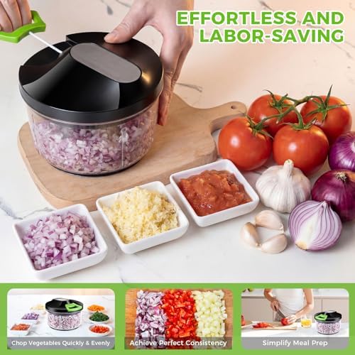 800ML Onion Chopper, Large Hand Pull String Vegetable Food Chopper, Black