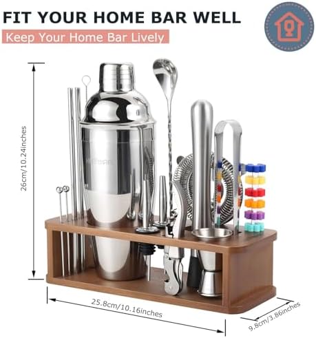 HMYBAR® 22-Piece Cocktail Shaker Set, Mixology Bartender Kit with 24oz Cobbler Shaker, Home Bar Tool Set with Brown Bamboo Stand, 39 Recipe Cards, Glass Markers, Gift for Men & Dad