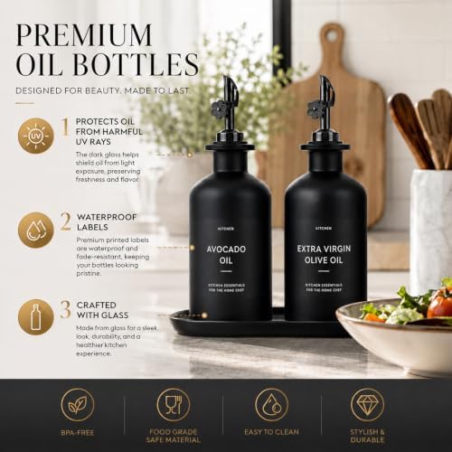 Olive Oil Dispenser for Kitchen, 2-Pack 12oz Black Glass Bottle with Labels