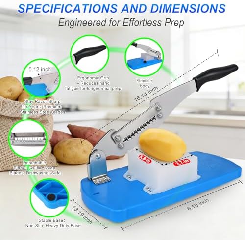 French Fry Cutter for Potatoes, Mandoline Slicer for Uniform Slices & Vegetable Chopper, Professional Potato Slicer with Comfort Handle and Stainless Steel Blade for Easy Homemade Fries/Chips