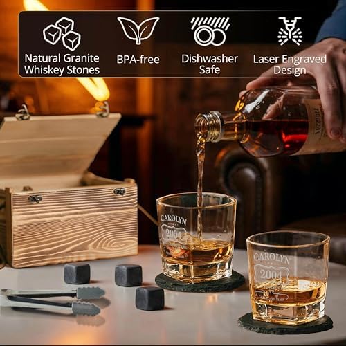 Custom Birthday Name Year Whiskey Glass Set, 2 Glasses, Wood Crate