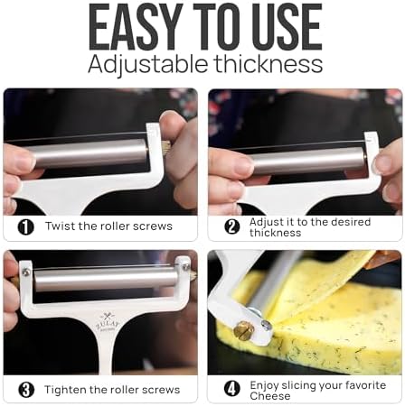 Zulay Kitchen Stainless Steel Wire Cheese Slicer - Adjustable Hand Held Cheese Cutter with 2 Extra Wires - Premium Cheese Shaver For Mozzarella, Cheddar, Gruyere - Cheese Cutter with Wire (White)