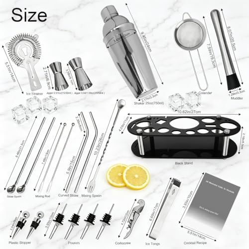22-Piece 25oz Cocktail Shaker Set, Bartender Kit with Stand, Jigger for Bartending Kit, Bar Set Cocktail Shaker Set, Drink Mixer Set, Cocktail Set Recipe Home, Bar, Party (Stainless Steel)