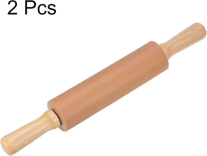 HARFINGTON 2pcs Silicone Rolling Pins for Baking 14.96 Inch Non-Stick Silicone Surface Wooden Handle Rolling Pin Small Roller Playdough Rolling Pins for Fondant Kitchen Dough Pizza, Beige