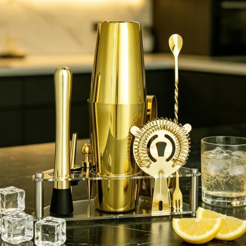 9-Piece Cocktail Shaker with Stand, 25oz Bartender Kit, Cocktail Shaker with Strainer Set, Boston Shaker Set, Bar Set Jigger for Bartending Drink Mixer Set, Cocktail Set Recipes (Gold-25/20oz)