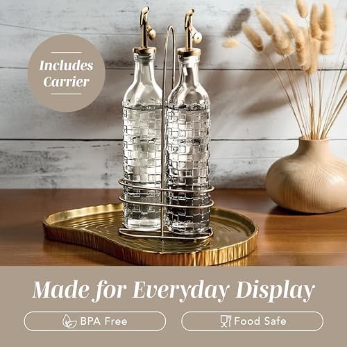 COOK WITH COLOR Glass Olive Oil Bottle Dispenser - 2 Pack- 17oz Oil and Vinegar Cruet - Olive Oil Carafe Decanter for Kitchen, Checkered, Brown