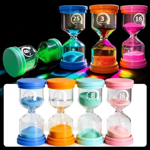 PROLOSO Sand Timers Set 4 Pcs Colorful Hourglass 3 Mins / 8 Mins / 16 Mins / 25 Mins Sandglass Glow in the Dark Sand Clock for Classroom Home Office