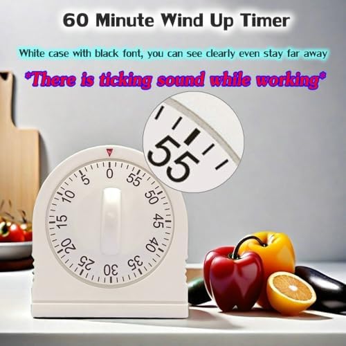 60 Minute Wind Up Timer, Visual Mechanical Timer with Loud Alarm, Manual Countdown Timers for Classroom, Home, Study and Cooking (White)
