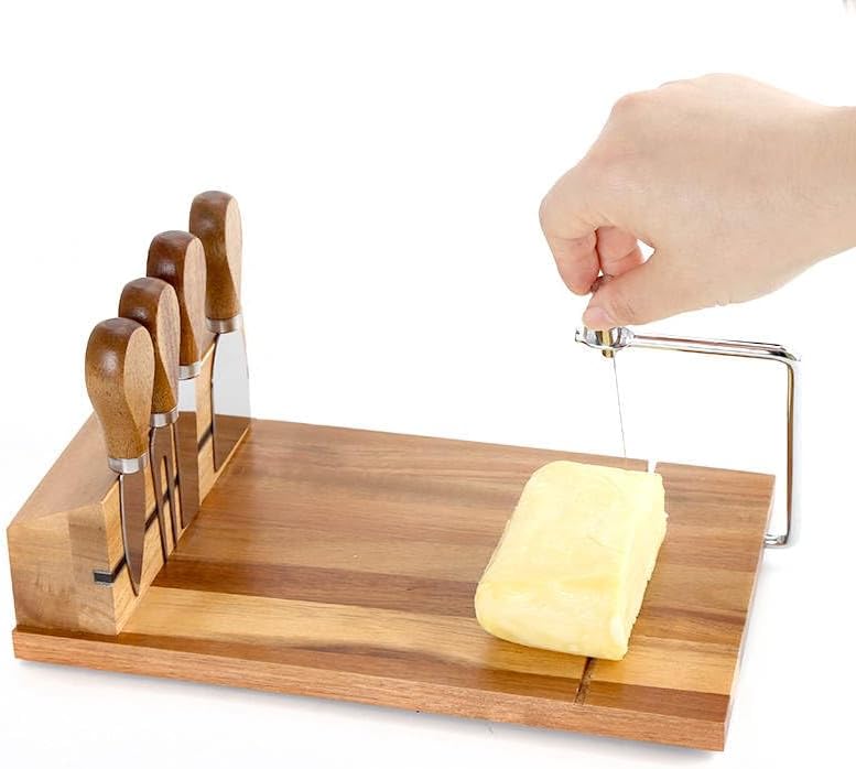 Cheese Slicer (11.7” x 9” x 3”) - Acacia Wood Board Cheese Cutter with Wire - 4 Magnetic Cheese Knife Set w/ Anti-Slip Board - Stainless Steel Cheese Slicers for Block Cheese w/ Replacement Wire