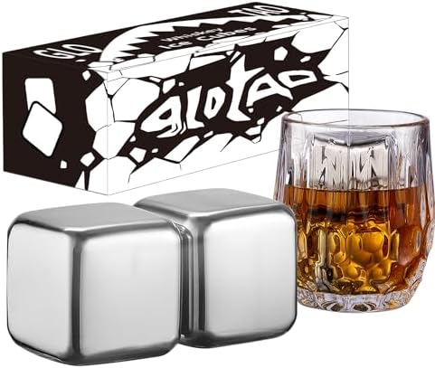 2 Large Whiskey Stones 64 cm³ (4 cu in) - Man Gift Set - Reusable Stainless Steel Metal Ice Sphere Cubes Beverage Chilling Rocks Whiskey Stones for Red Wine, Bar Beer, Scotch, Vodka Drinks