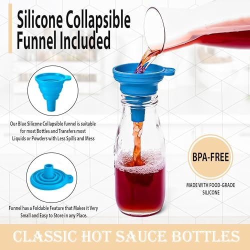 Clear Glass Hot Sauce Bottle (woozy) with Black Cap and Orifice Reducer 8.5 oz - (6 Pack) - Empty Wine Bottles with Shrink Capsules Bands, Labels, Silicone Collapsible Funnel and Chalk Marker Included