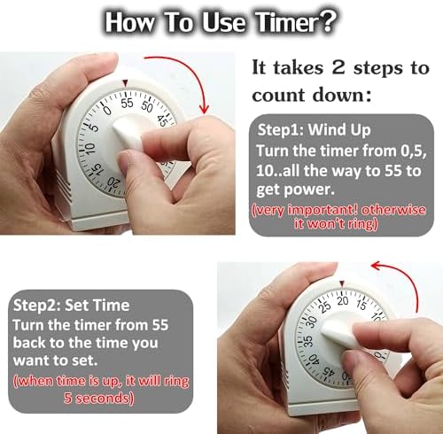 60 Minute Wind Up Timer, Visual Mechanical Timer with Loud Alarm, Manual Countdown Timers for Classroom, Home, Study and Cooking (2 Pack)
