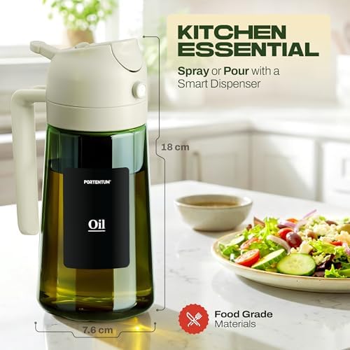 PORTENTUM Olive oil spray bottle for cooking 16oz/470ml 2 in 1 spray and pour function – Anti drip green glass bottle dispenser with light protection – Multilingual labels – Air fryer salads grilling