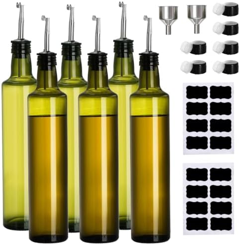 Frcctre 6 Pack 17 Oz Glass Olive Oil Dispenser Bottles, Oil and Vinegar Cruet Set With Stainless Steel Pourer Spouts, Olive Oils Carafe Decanter for Kitchen, Dark Green